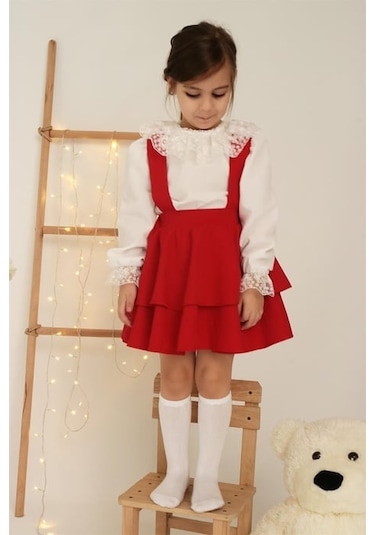 Kız Çocuk Kırmızı Elbise Helen Askılı Jile Dantelli Uzun Kol Bluz Takım 23 Nisan 29 Ekim Gösteri Kıyafeti