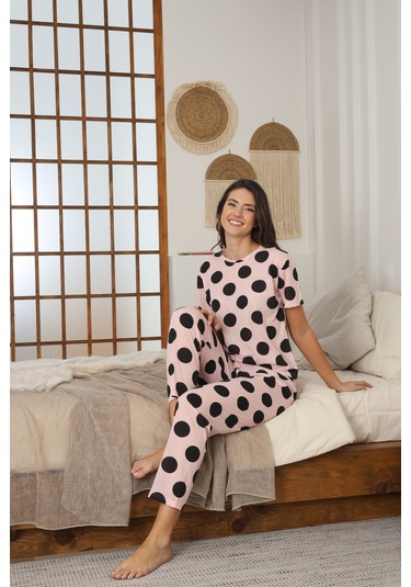 Kadın Yazlık Kısa Kol Penye Süprem Kumaş Pijama Takımı Pembe Puanlı