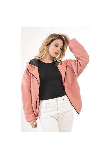 Riverstorm Kadın Pudra Su Ve Rüzgar Geçirmez Kapüşonlu Cepli Oversize Yağmurluk - Rüzgarlık Pudra