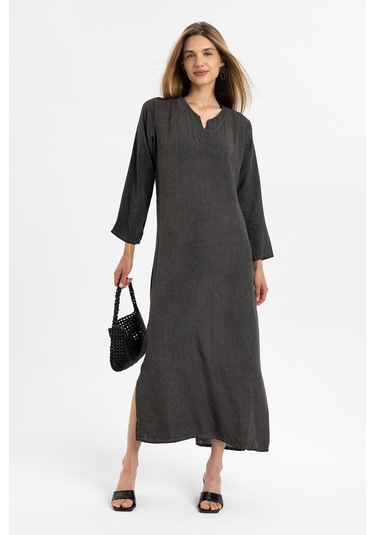 Siyah İşlemeli Uzun Kollu Astarsız Pamuklu Uzun Elbise-siyah Siyah