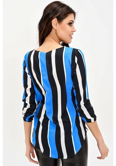 Kadın Siyah & Mavi Yakası Yırtmaçlı Çizgili Krep Bluz Truvakar Kol Kaliteli Dokulu Kumaş Siyah - Saks Mavi