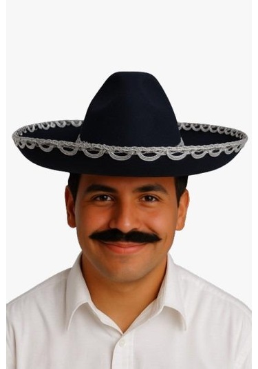 Meksika Mariachi Latin Şapkası Lüks 41cm Siyah Zemin Üstüne Gümüş Sim Kenarlıklı Parti Kostümü