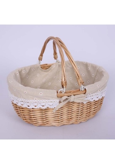 Pazly Cbtx Saplı Hasır Piknik Sepeti Söğüt El Dokuma Paskalya Sepeti Oyuncak Saklama, Boyut: L - Çift Kulplu / Papatya Ahşap