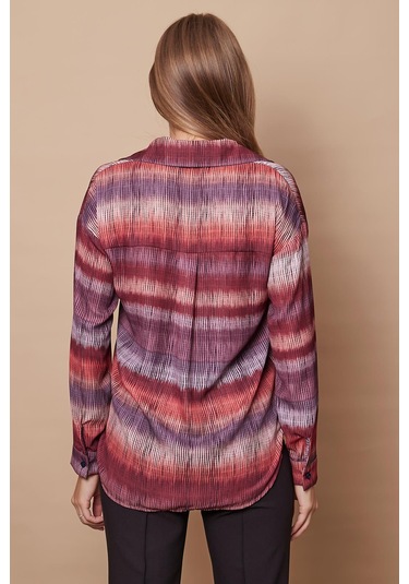 Kadın Desenli Yakalı Düşük Omuzlu Uzun Kol Şık Ofis Gömlek-Kiremit Çizgi Kiremit Çzg.