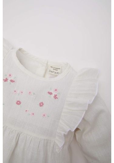 DeFacto Kız Bebek Bisiklet Yaka Floral Flamlı Poplin Uzun Kollu Gömlek E2833A525SPWT32 Beyaz