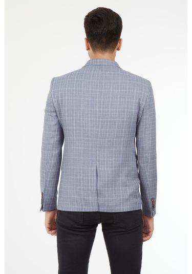 Sposo 5140 Yelekli Dar Kalıp Gri Ekose Erkek Blazer Ceket Gri
