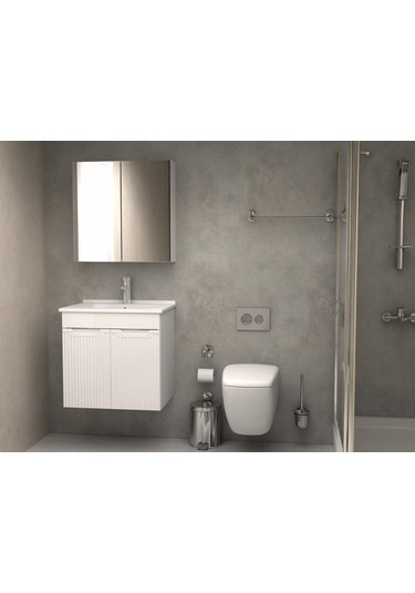 Banyo Dolabı Aynalı Cnc İşlemeli Membran Kapaklı 65 Cm Beyaz