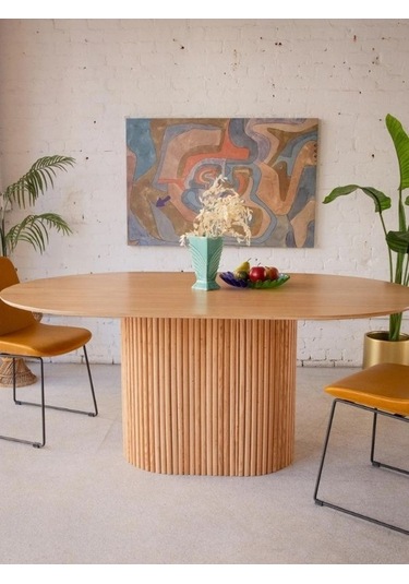 Luna Oval Natural Ahşap Bohem Masa 80x150 Natural Ayak - Natural Üst