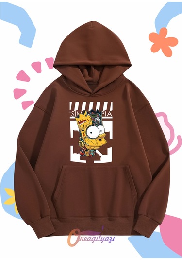 Çocuk Unisex Simpson Baskılı Oversize Kapüşönlü Sweatshirt Kahverengi