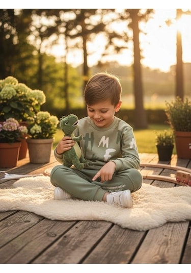 Zekids Erkek Çocuk Pamuklu Baskılı Eşofman Takım-16324 Yeşil