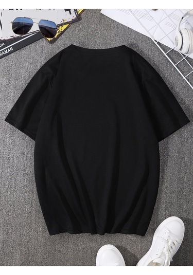 Üçgen Dağ T-shirt - Siyah Baskılı Oversize Bisiklet Yaka Kısa Kol Tişört Siyah
