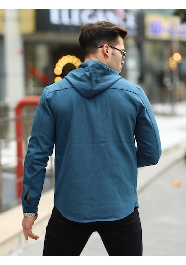 Petrol Renk Kapüşonlu Kot Ceket Petrol