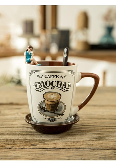 Avrupa Tarzı Küçük Lüks Kahve Fincanı Cappuccino Latte Fincan Kapak Kaşığı İle Retro Vintage Seramik Kupa A