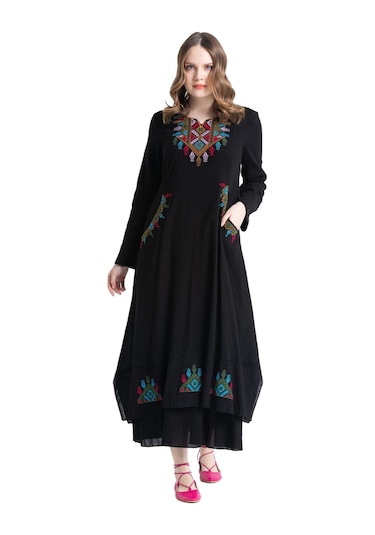 Uzun Kol Şile Bezi Nakışlı Antik Uzun Elbise Siyah Syh-siyah Siyah