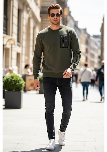Remsa Erkek Fermuar Detay Bisiklet Yaka Pamuklu Sweatshirt 24722 Haki Haki Yeşil