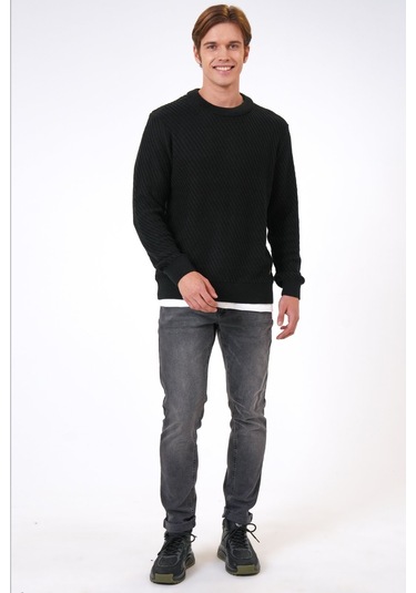 Siyah Regular Fit Yünlü Örgü Desenli Bisiklet Yaka Triko Kazak-siyah Siyah