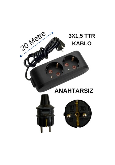 Avarson 2'li İkili Priz Topraklı Kablolu Siyah 3x1,5 Ttr 20 Yirmi Metre