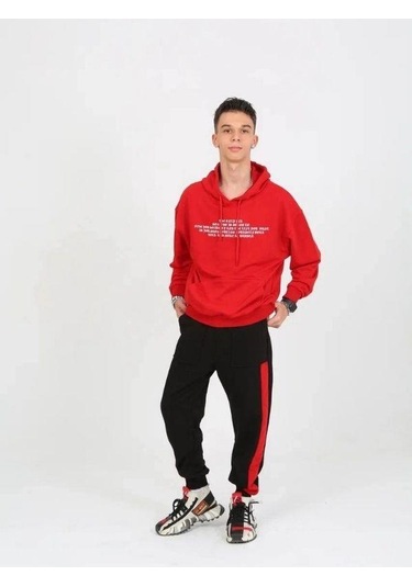 Erkek Çocuk Yazılı Kapüşonlu Sweatshirt-15238 Kırmızı