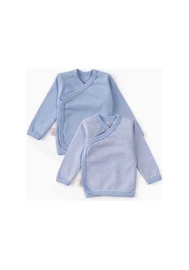 2'li Pamuk Uzun Kollu Yandan Kapama Bebek İç Dış Zıbın Mavi Mavi
