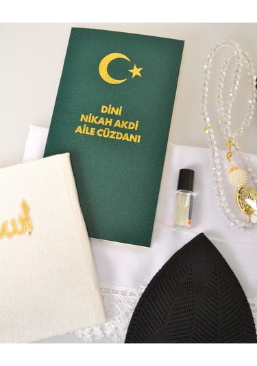Dini Nikah Seti Kurdeleli Özel Kutu Dini Nikah Defteri, Kadife Yasin, Gelin Başörtüsü, Kristal Tesbih, Gül Suyu, Takke, Esans