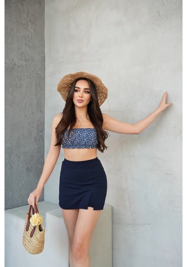 Kadın Yandan Yırtmaçlı Mini Şort Etek Lacivert