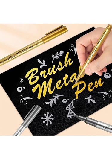 Gümüş Metalik Brush Marker Kaligrafi Kalemi, Cam Kalemi, Davetiye, Süsleme, Balon, Bardak Yazı-2 Ad
