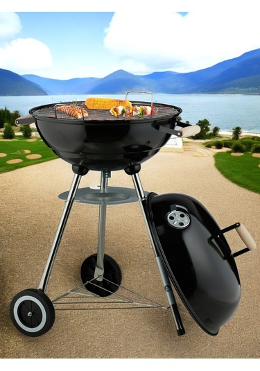 Yuvarlak Kömürlü Mangal Ahşap Kulplu Tekerlekli Mangal 44 Cm