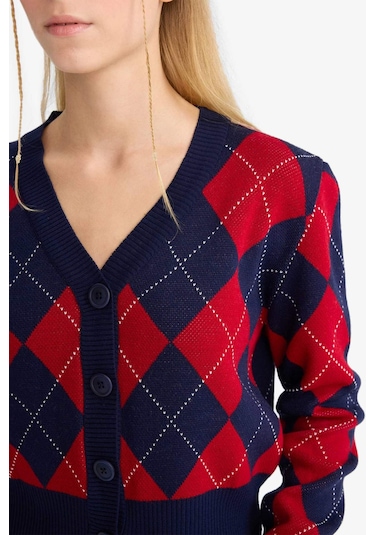 Defacto Coool Fitted V Yaka Baklava Desenli Düğmeli Hırka F9566ax25wnnv241 Lacivert