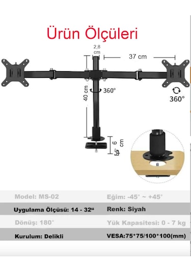 Monitör Standı Çift Kollu Masaüstü Ayarlanabilir 14-32 İnç Vesa U