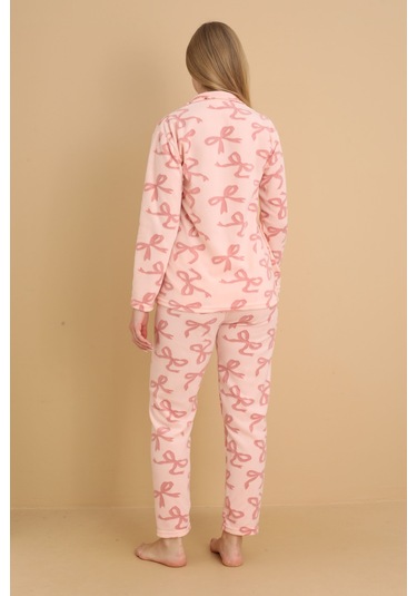 Fwn 1608 Boydan Düğmeli Polar Kumaşlı Kışlık Kadın Pijama Takımı Pembe