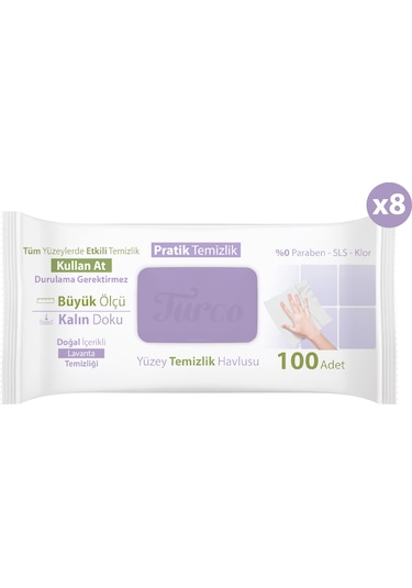 Baby Turco Doğadan Pratik Yüzey Temizlik Havlusu Lavanta 8 x 100 (800 Yaprak)