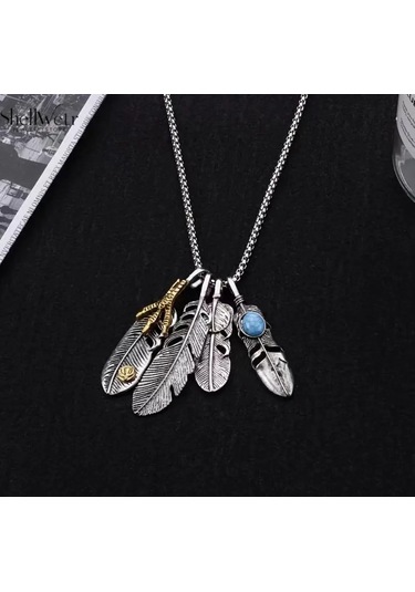 Totem Wings Otantik 4 Lü Tüy Detaylı 925 Ayar Gümüş Zincir Unisex Kolye Gümüş