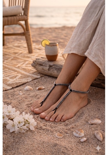 Boncuk Detaylı Halhal Çift Ayak Takısı Barefoot Sandal Siyah