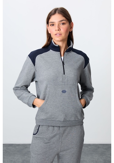 Tommy Life Gri Melanj Kompakt Pamuklu Kalın Pürüzsüz Dokulu Dik Yaka Oversize Fit Kadın Eşofman Takım - 95342 GRİ MELANJ