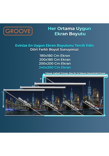 Groove Vizio Pro 240x200cm Blackout Işık Geçirmez Elektrikli Otomatik Kumandalı Projeksiyon Perdesi +motorlu+canlı Renkler+göz Koruması+leke Tutmaz Projector