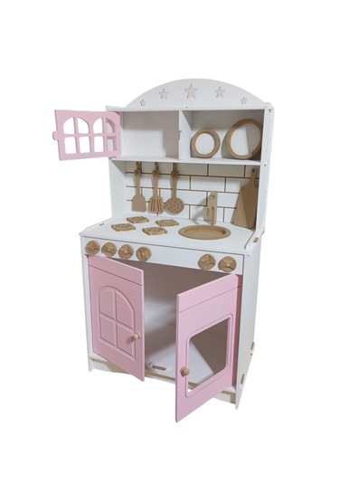 İki Kapaklı Boyalı Ahşap Oyuncak Mutfak