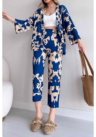 Trend Alisse Desenli Kimono Kadın Alt Üst Takım Mavi