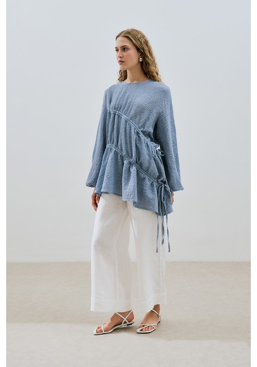 Büzgü Bağlamalı Dokulu Tunik Mavi Mavi