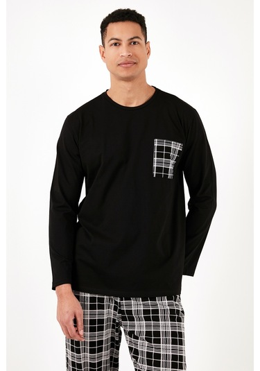 Buratti Ekoseli Cepli Beli Lastikli % 100 Pamuk Regular Fit Erkek Pijama Takımı 6572001 Siyah-Beyaz
