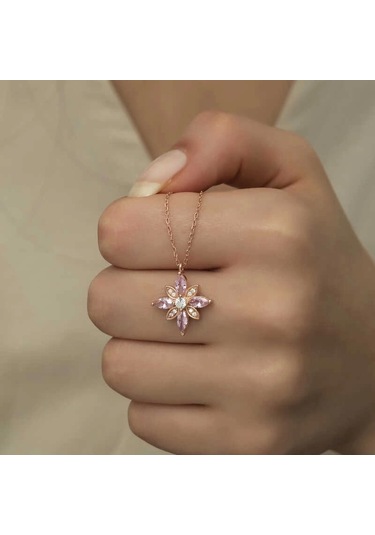 Gümüş Rose Pembe Taşlı Umut Çiçeği Kolye Çok Renkli