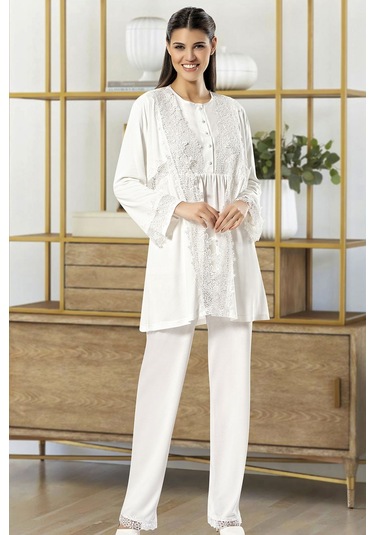 Xses 4100 Kadın Hamile Lohusa Sabahlıklı Pijama Takım-ekru