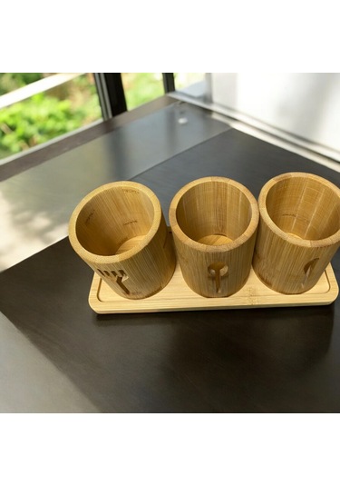Bambu Altlıklı 3'lü Çatal Kaşık Bıçak Düzenleyici Set 4 Parça Bambu