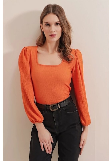 Defymoda 0442 Uzun Kollu Bluz - Turuncu Turuncu