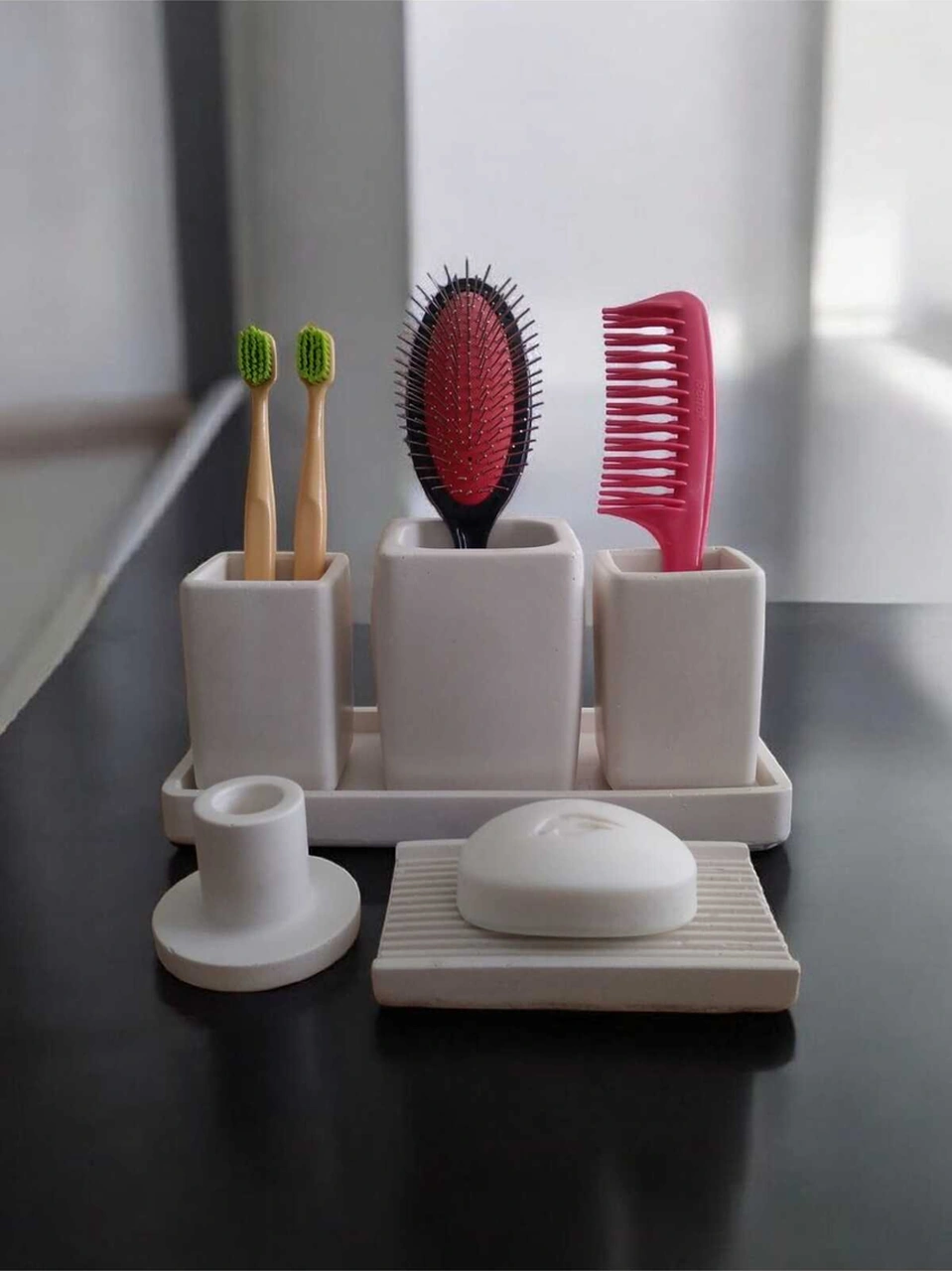 6 Parça Mermer Desen Beton Banyo Seti Diş Fırçalık Tütsülük Mumluk Tepsi Sabunluk Beyaz