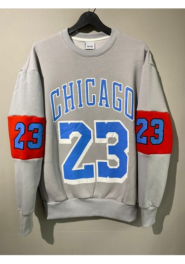 Erkek Gri Unısex Oversize Chicago 23 Baskılı Polarlı Sweat Gri