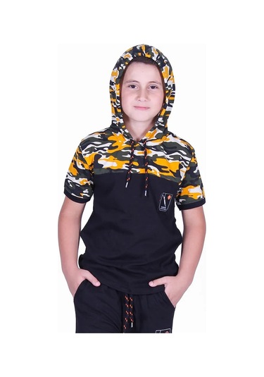 Kamuflaj Desenli Kapşonlu Sarı Erkek Çocuk T-shirt Sarı