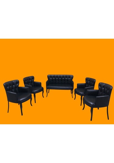 Siyah Deri Gürgen Ayaklı Pera Ofis Koltuk Takımı Kuaför Bekleme Koltuk Takımı Ofis Mobilyası Siyah