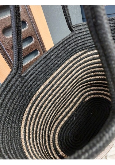 Doğal Hasır Jüt El Örmesi Bayan Çanta-bej Siyah Şerit Bej - Siyah