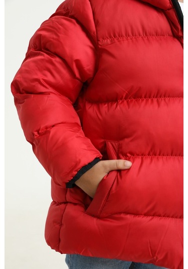 Freemen Erkek Çocuk Kırmızı Polarlı Kapüşonlu Su Geçirmez Rüzgara Dayanıklı Şişme Kışlık Mont Kırmızı