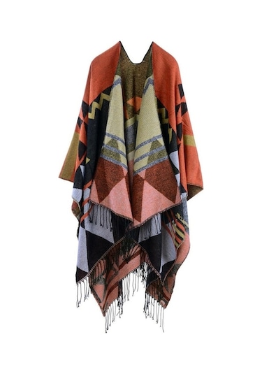 Novahub Kadın Örme Şal Panço Geometrik Desen Püskül Büyük Boy Uzun Bohemya Pelerin Turuncu Mavi - Standart Mavi